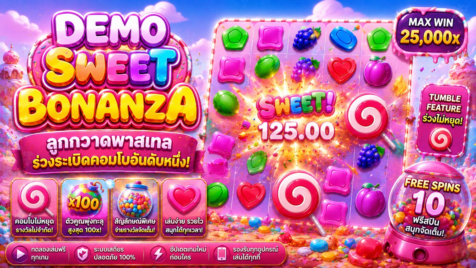 Demo Sweet Bonanza ลูกกวาดพาสเทล ร่วงระเบิดคอมโบอันดับหนึ่ง